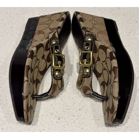 Coach Gracy Women’s Signature Logo Wedge Sandals Platform Thong Brown Size 7.5M - Picture 3 of 11